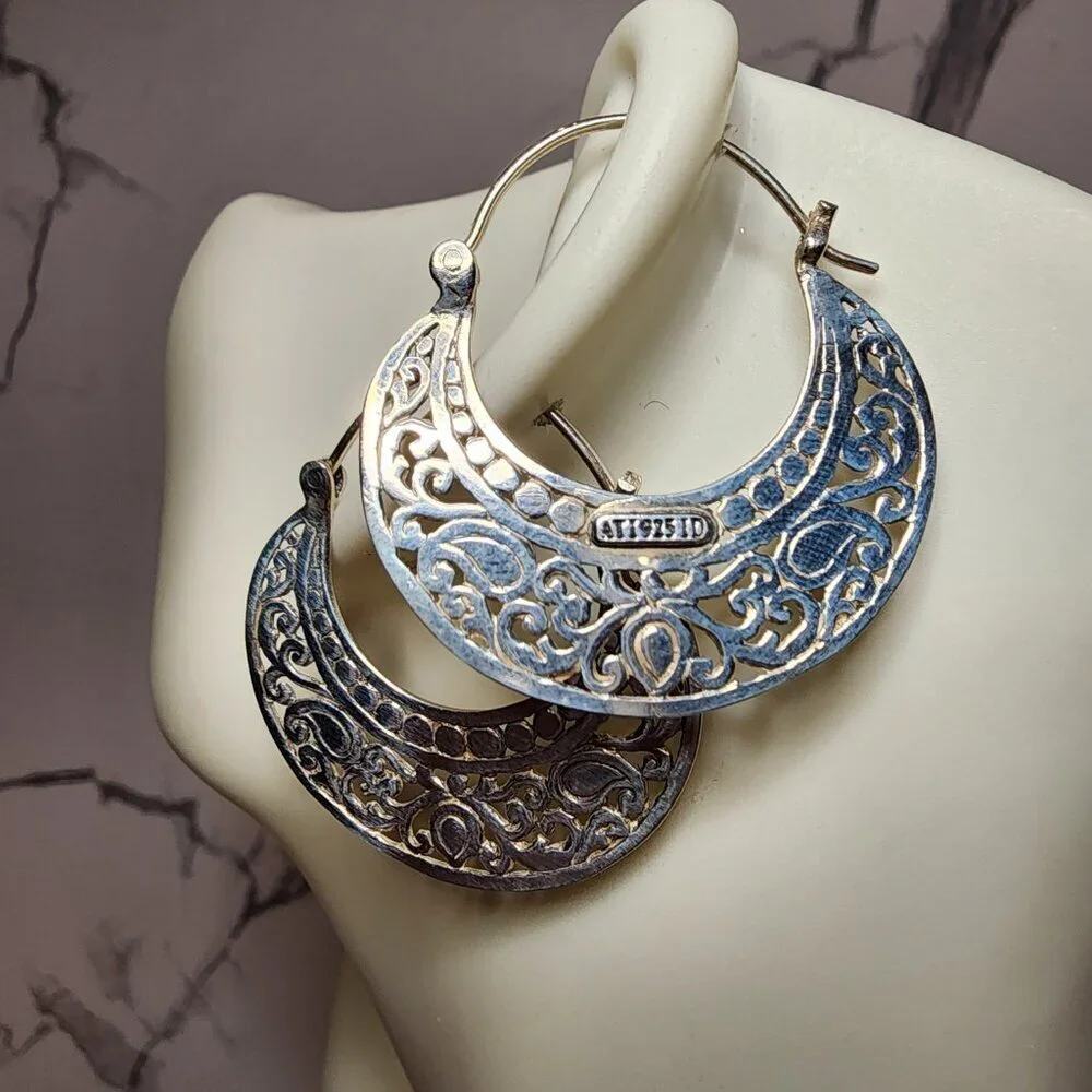 925 Silver Crescent Shape Filigree hoop Earrings